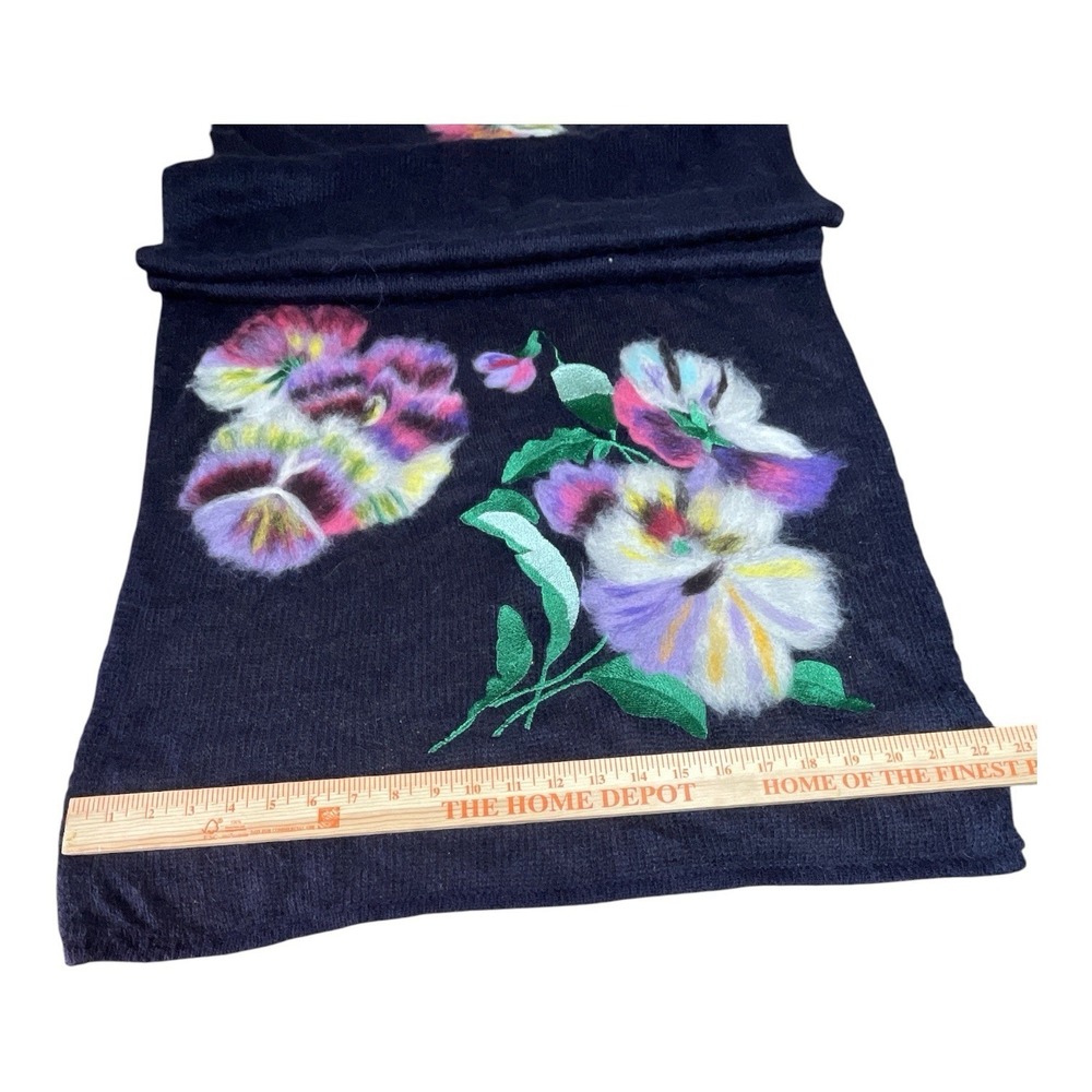 Felted Wool Scarf 80"x22" Black Pansies Made In London - Picture 2 of 5
